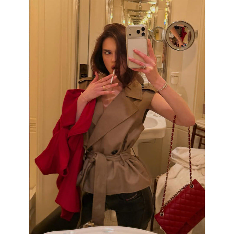 Women's sleeveless fitted trench vest with tie belt & shoulder patches EVA-US