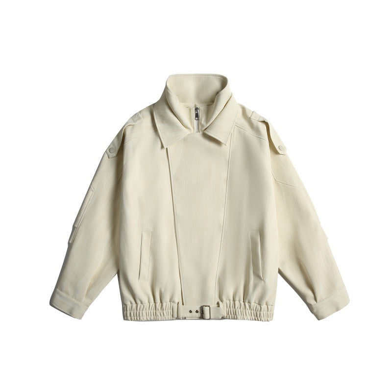 Unisex Short Cropped Boxy Blouson Jacket with Funnel Collar, Epaulettes and Waist Belt EVA-US