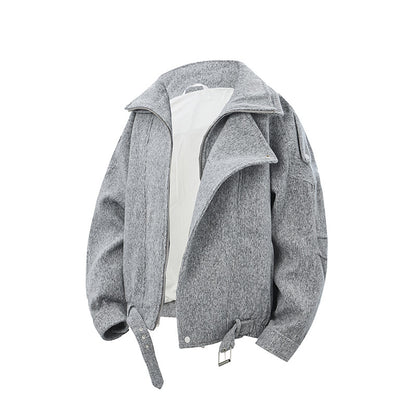 Ladies short cut wool blend biker jacket with asymmetric front and waist belt EVA-US