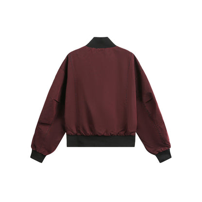 Unisex Short Cut Satin Bomber in Boxy Cut with Contrasting Ribbed Collar and Balloon Sleeves EVA-US