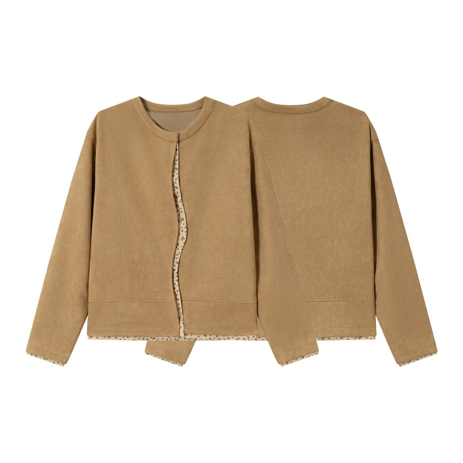 Women's short-cut suede-look blouson jacket with round neck, concealed button placket, and floral inner lining EVA-US