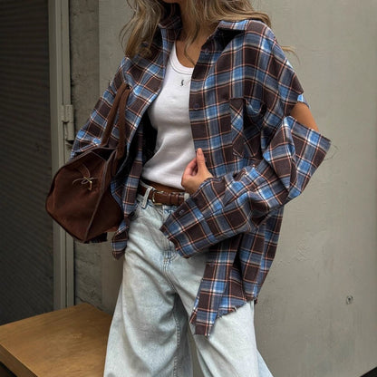 Women checkered oversized shirt jacket with cut-out sleeves and raw hem EVA-US