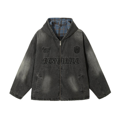 Men's Washed-Denim Hoodie in Oversized Look with Checked Lined Hood EVA-US