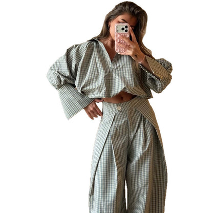 Women Two-Piece Checked Set with Cropped Oversized Shirt and Wide Pleated Trousers EVA-US