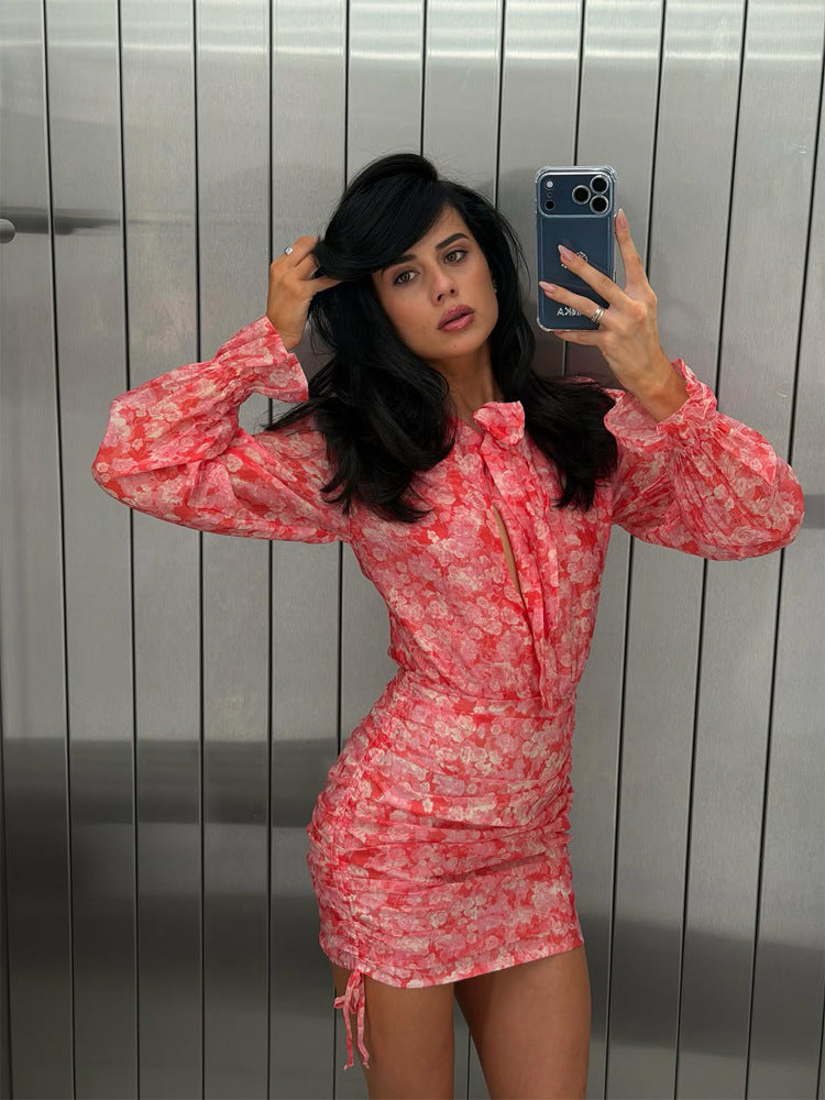 Women's Floral Chiffon Mini Dress with Bow Collar, Sheer Volume Sleeves and Side Gathering EVA-US