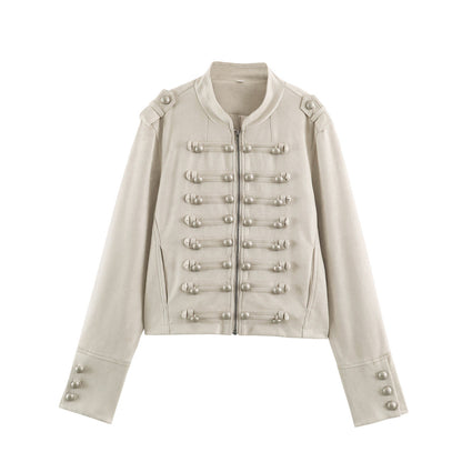 Women Short Military Jacket with Decorative Button Placket and Stand Collar EVA-US