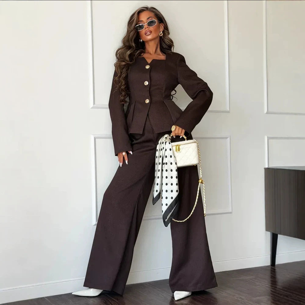 Women Tailored Peplum Blazer and Palazzo Pants Set EVA-US