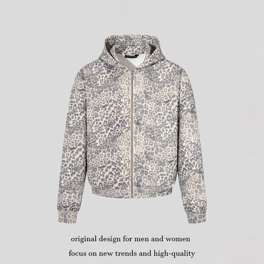 Women’s zip hoodie in soft velour with all-over leopard jacquard EVA-US