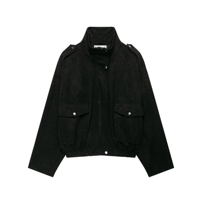 Women's tailored velvet bomber jacket with stand-up collar, shoulder epaulettes, and large flap pockets