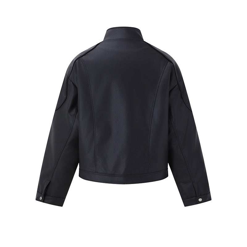 Men's Short Boxy Mock-Leather Jacket with Geometric Seam Design EVA-US