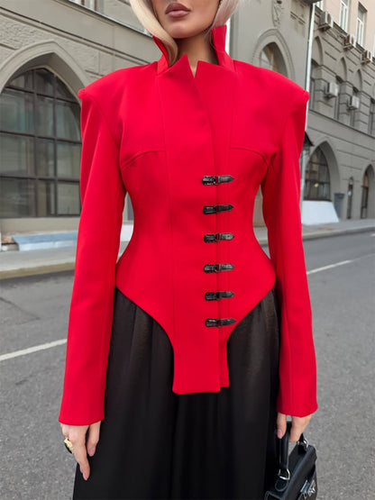 Women Tailored Stand Collar Blazer with Corset Tailoring EVA-US