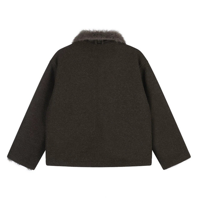 Women's short wool jacket with faux fur trim and asymmetric button placket EVA-US