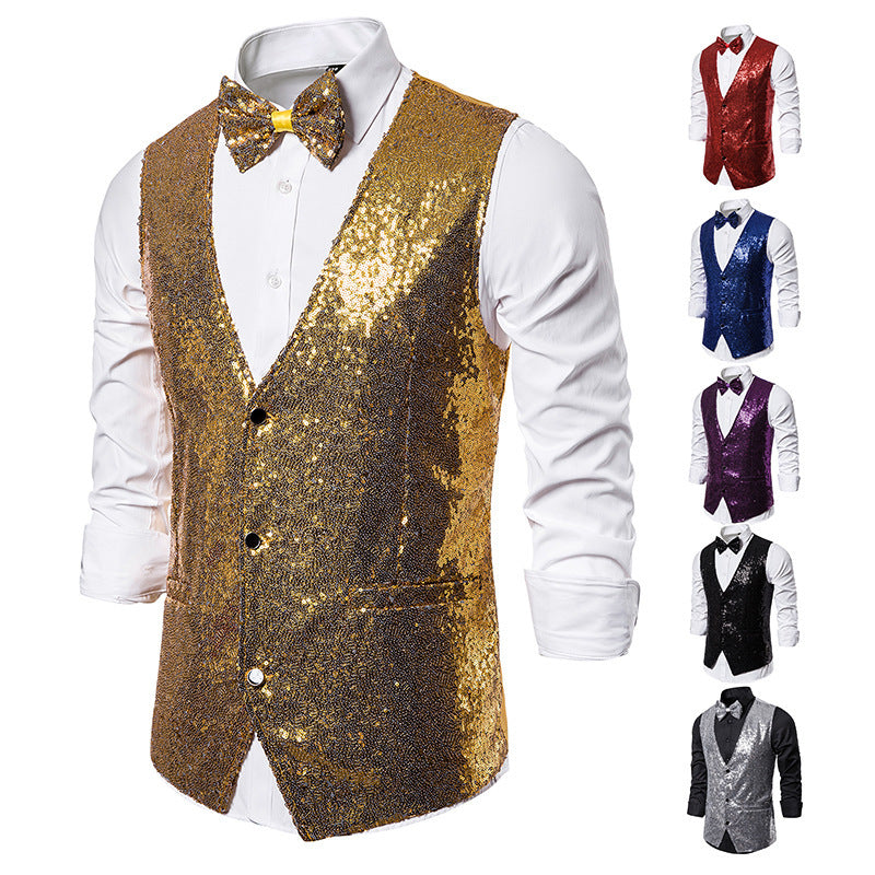 Men's Glittering Holiday Waistcoat with Matching Bow Tie EVA-US