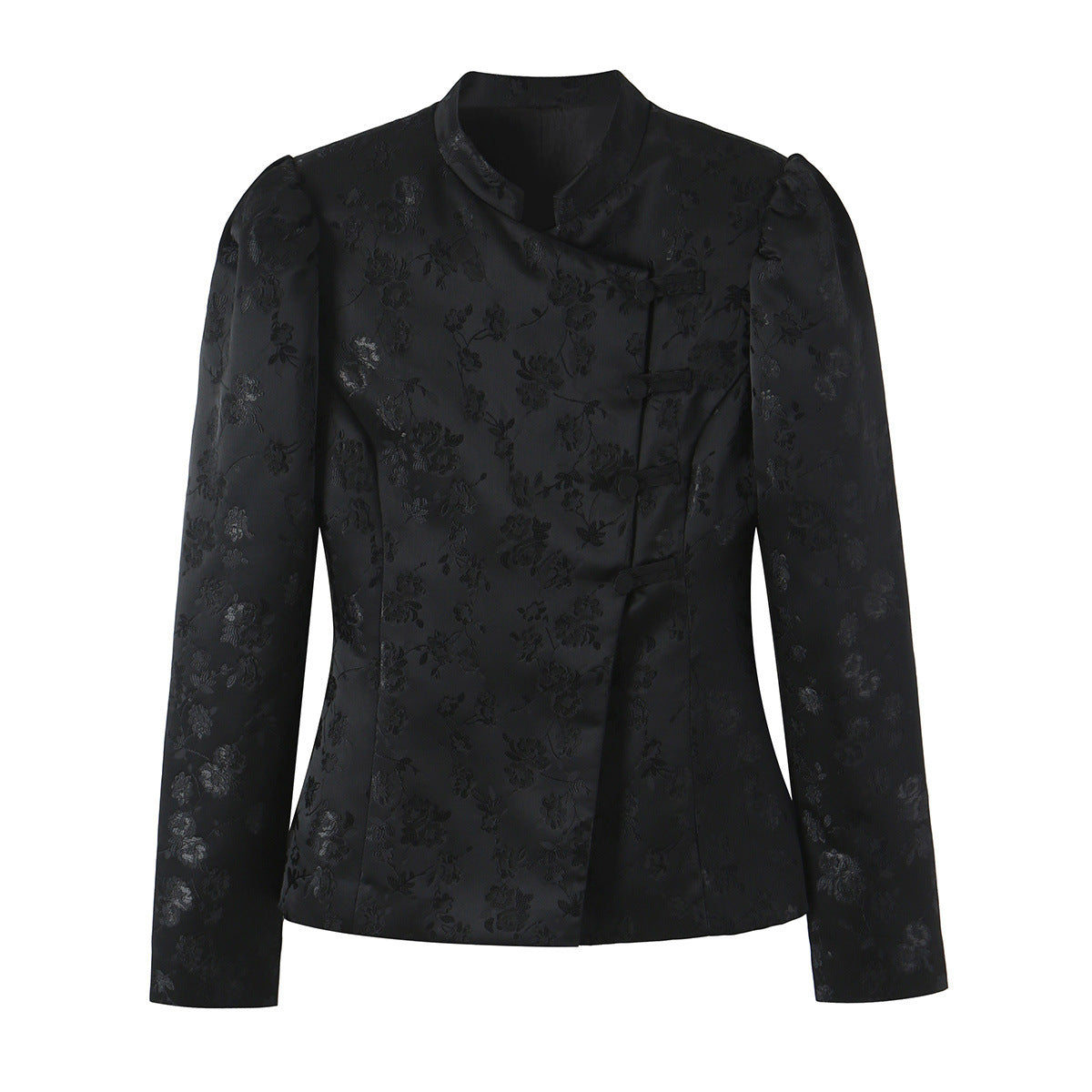 Women's Tailored Jacquard Blazer Jacket with Mandarin Collar and Decorative Knot Closure EVA-US