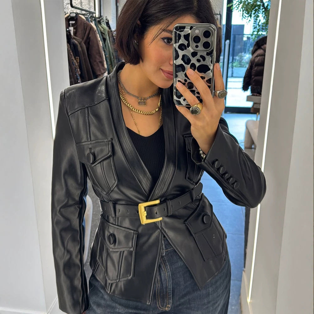 Women's Tailored Leather Blazer in Corset Style with Wide Buckle Belt and Flap Pockets EVA-US