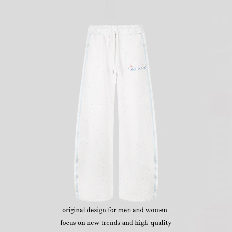 Women's Extra Wide Palazzo Sweatpants in Polka Dot Design with Elastic Comfort Waistband and Side Contrast Stripes EVA-US