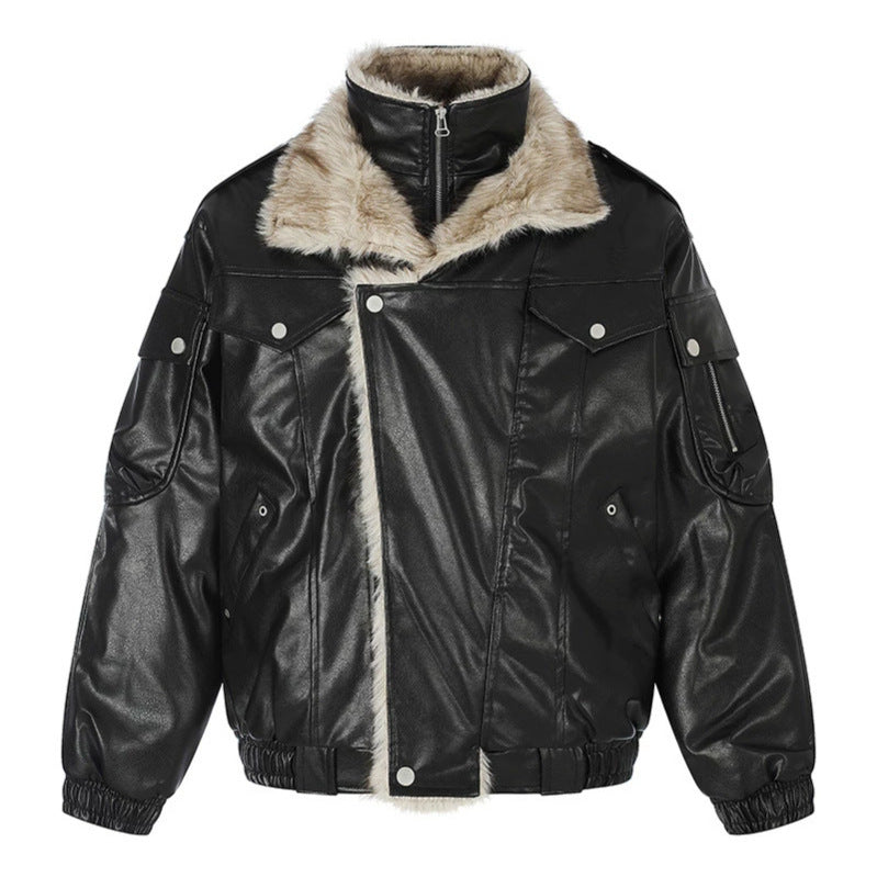 Ladies Oversized Faux Leather Flight Jacket with Teddy Lining and Stand-up Collar EVA-US