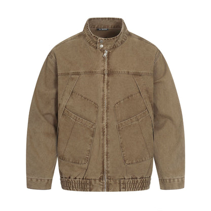 Men's short-cut field bomber in vintage canvas with stand-up collar and large flap pockets