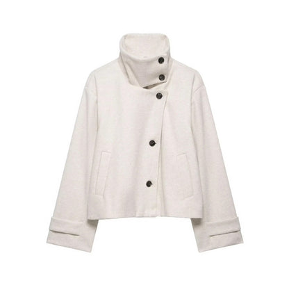 Women's Cropped Wool Blend Short Jacket with High Stand Collar, Asymmetric Button Placket and Cuffed Sleeves EVA-US