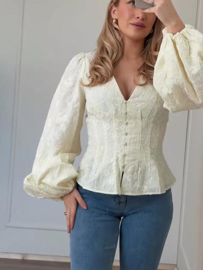 Women's Tailored Lace Blouse in Corset Style with V-Neck, Button Placket and Balloon Sleeves EVA-US