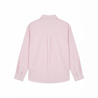 Women Striped Oversize Shirt Blouse with Doodle Dog Prints and Breast Pocket EVA-US