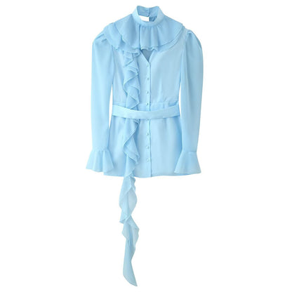 Ladies ruffle blouse with stand-up collar, ruffle details and waist belt EVA-US