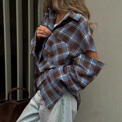 Women checkered oversized shirt jacket with cut-out sleeves and raw hem EVA-US