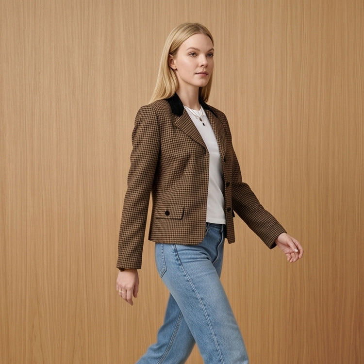 Women Tailored Houndstooth Blazer with Velvet Collar and Two-Button Placket EVA-US