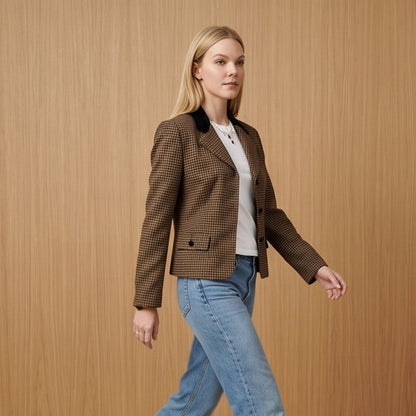 Women Tailored Houndstooth Blazer with Velvet Collar and Two-Button Placket EVA-US