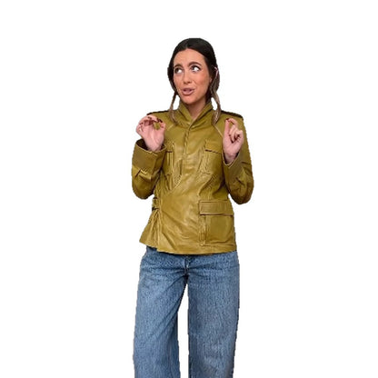 Women's Faux Leather Utility Jacket with Stand-up Collar, Chest Pockets & Concealed Zipper EVA-US