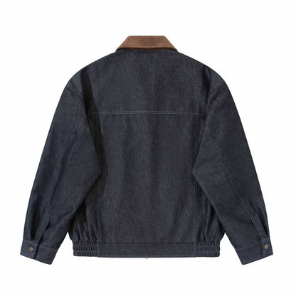 Men's Boxy Denim Blouson Jacket with Suede Collar and Elastic Hem EVA-US