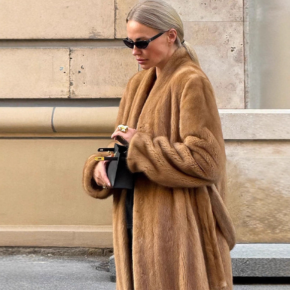 Women Luxurious Long Fur Coat with Shawl Collar and Flattering Oversize Cut EVA-US