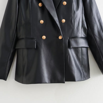 Women's Double-Breasted Faux Leather Blazer with Gold Decorative Buttons and Flap Pockets EVA-US