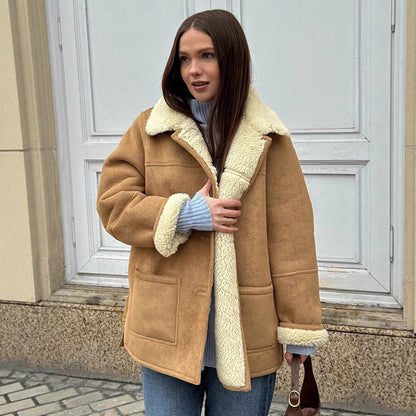 Women's Boxy Lambskin Look Coat with Folded Teddy Collar EVA-US