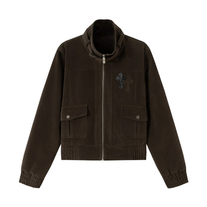 Men's short jacket in suede look with funnel collar, cargo patch pockets and decorative cross application EVA-US