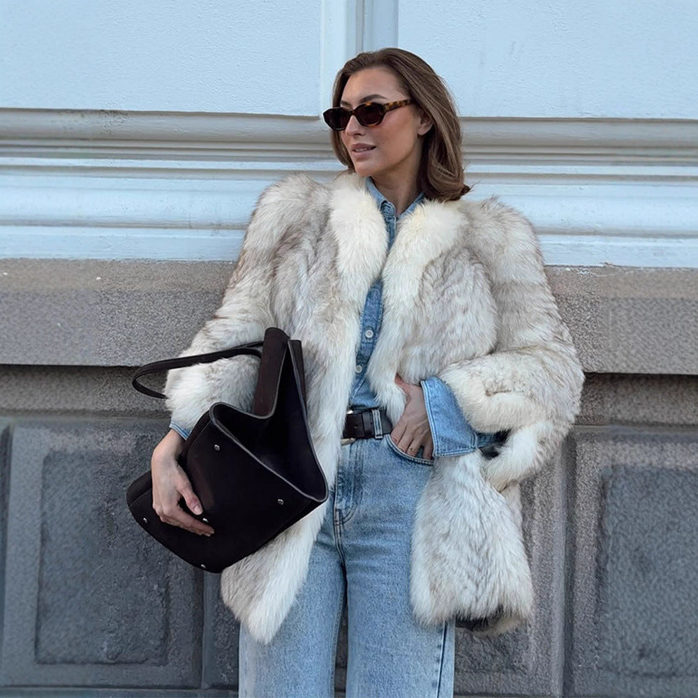 Women's Boxy Faux Fur Jacket with Textured Shag Look and Voluminous Shawl Collar EVA-US