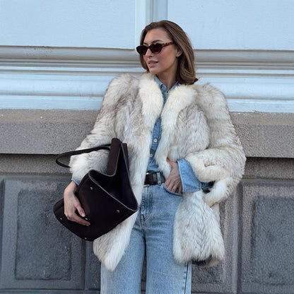 Women's Boxy Faux Fur Jacket with Textured Shag Look and Voluminous Shawl Collar EVA-US
