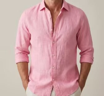 Men's textured linen shirt with open collar, lightweight texture, and casual-tailored fit EVA-US
