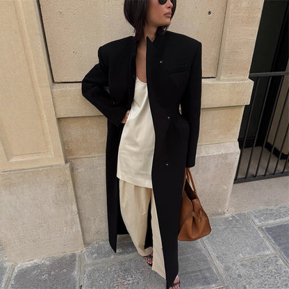 Women Sculptural Midi Coat with distinctive shoulder area and concealed button placket EVA-US