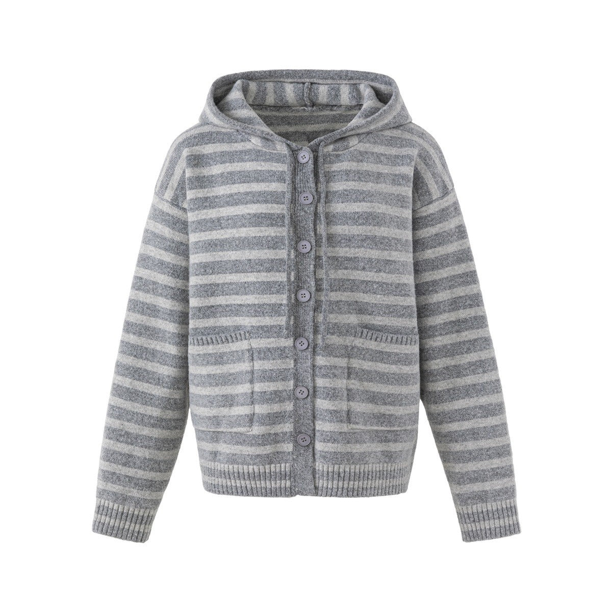 Women's Striped Cardigan with Hood, Full Button Placket and Patch Pockets EVA-US