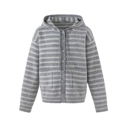 Women's Striped Cardigan with Hood, Full Button Placket and Patch Pockets EVA-US