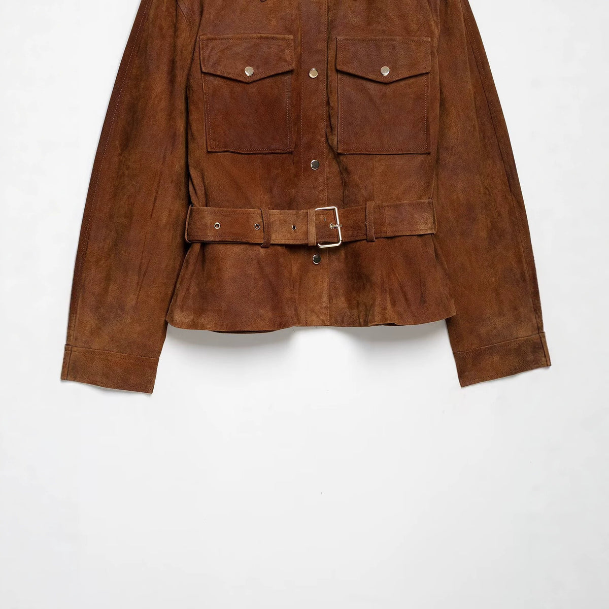 Women's short jacket in safari style made of suede with waist belt and patch chest pockets EVA-US