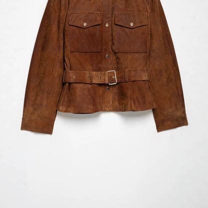 Women's short jacket in safari style made of suede with waist belt and patch chest pockets EVA-US
