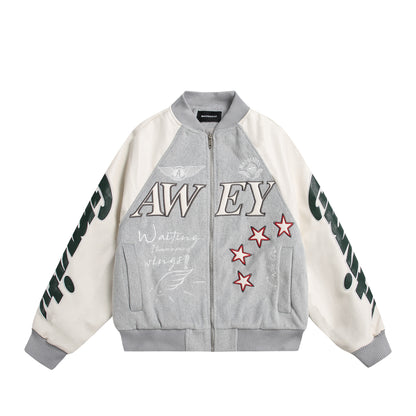 Unisex varsity bomber jacket in material mix with embroidery and application details EVA-US