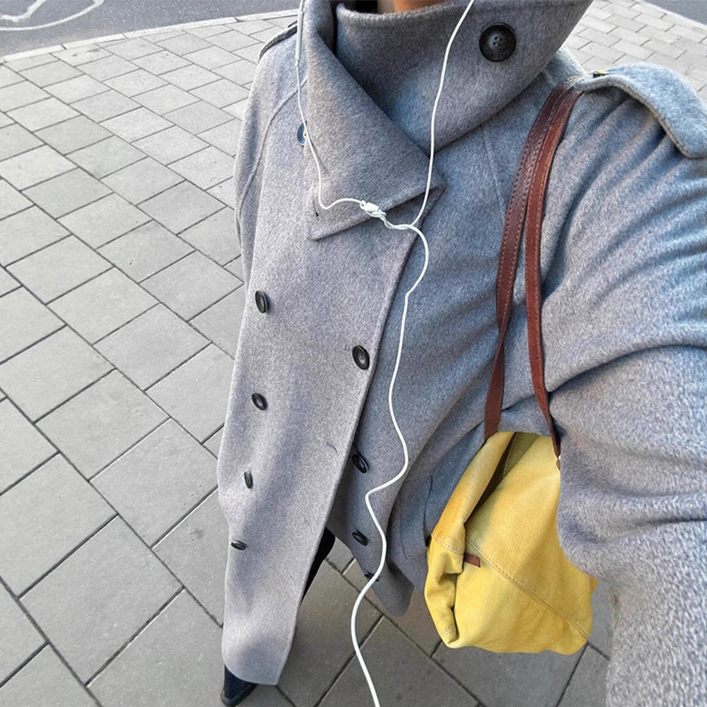 Women Oversize Coat made of Wool Blend with High Standing Collar and Asymmetrical Button Placket EVA-US