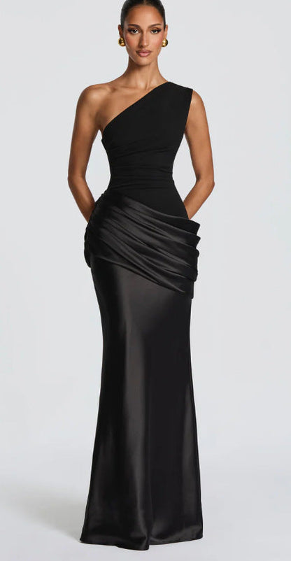 Women's Elegant One-Shoulder Maxi Dress with Refined Draping Details