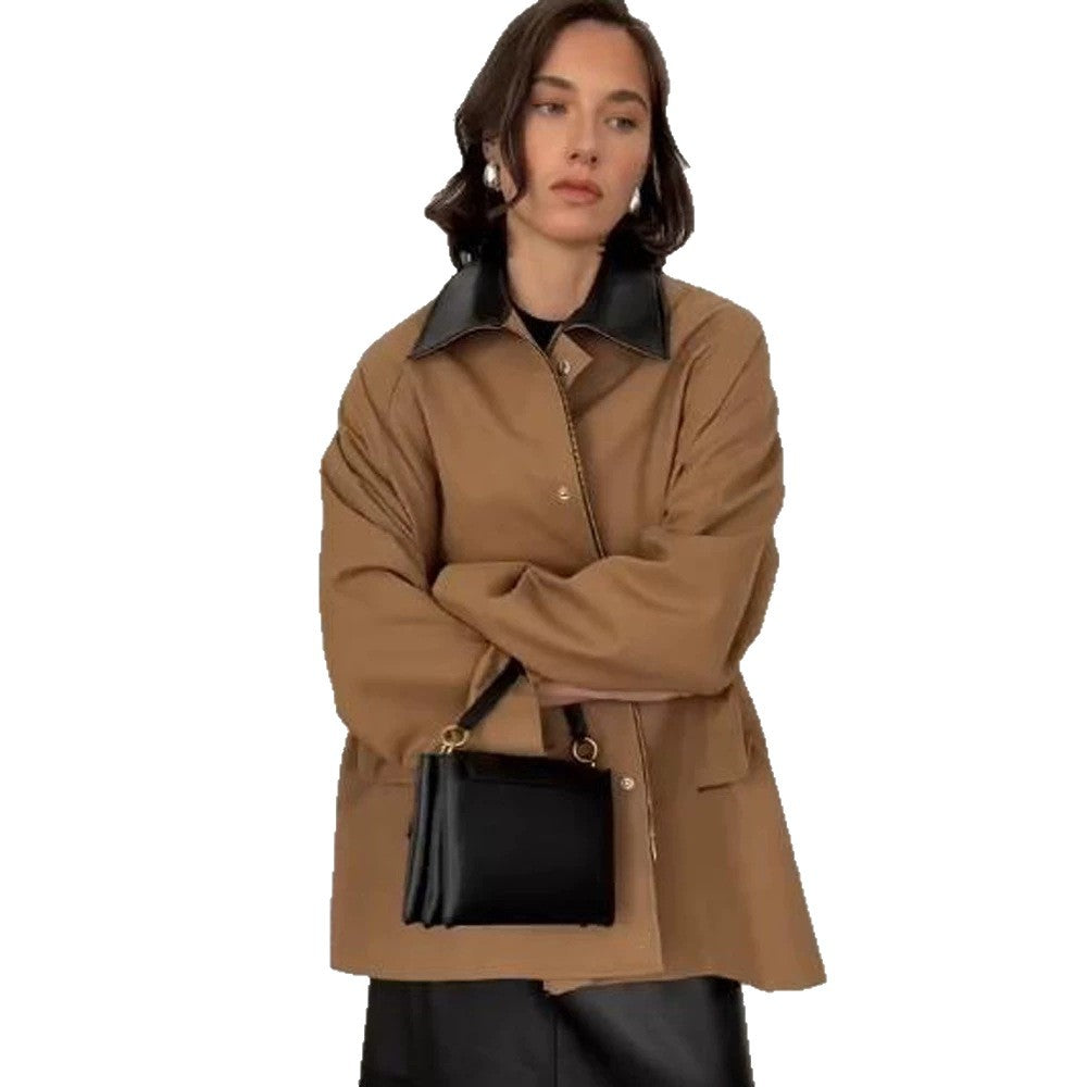 Women Oversize utilitarian jacket with large flap pockets and contrast collar EVA-US