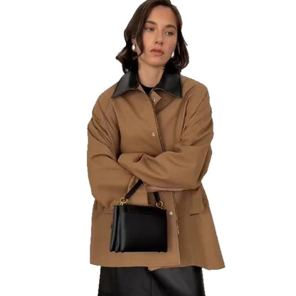 Women Oversize utilitarian jacket with large flap pockets and contrast collar EVA-US