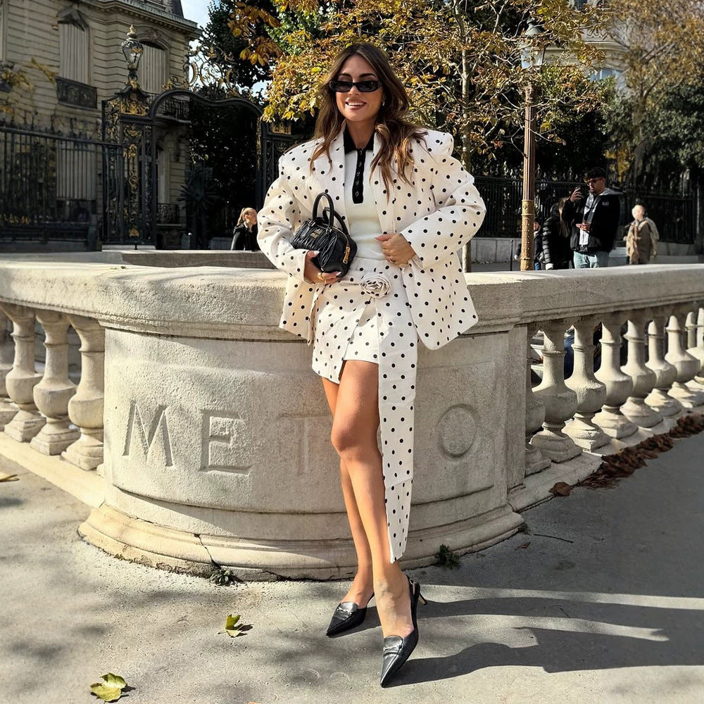 Women Two-Piece Blazer and Wrap Mini Skirt Set with Dots and Decorative Bow EVA-US