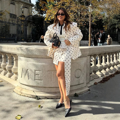 Women Two-Piece Blazer and Wrap Mini Skirt Set with Dots and Decorative Bow EVA-US
